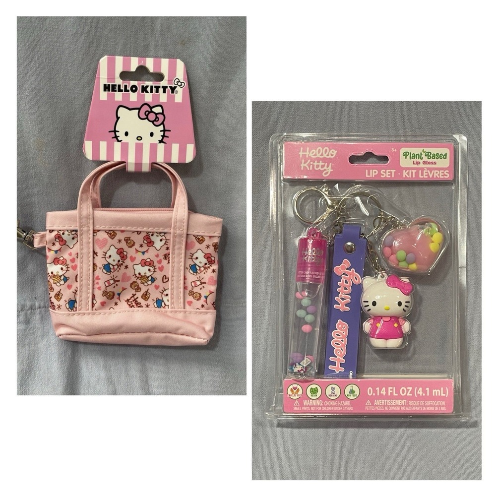 NEW‎ Sanrio Hello Kitty & Bear Pink Mini Tote Keychain & Lip Set Charm Keychain